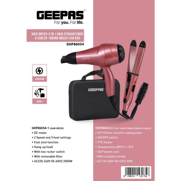 Geepas 4 In 1 Hair Dressing Set - Portable Hair Dryer, Straightener, Curler With Eva Bag